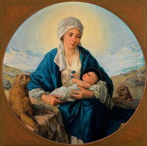 Mit Edelweis Bekranzte Madonna, Das Kind Mit Enzianbluten In Den Handen, Neben Murmeltieren Vor Bergkulisse Mit Edelweis Bekranzte Madonna, Das Kind Mit Enzianbluten In Den Handen, Neben Murmeltieren Vor Bergkulisse