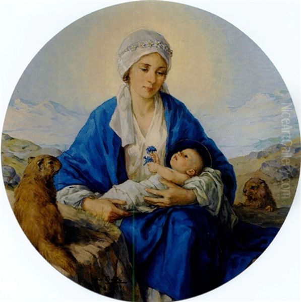Mit Edelweis Bekranzte Madonna, Das Kind Mit Enzianbluten In Den Handen, Neben Murmeltieren Vor Bergkulisse - view 1