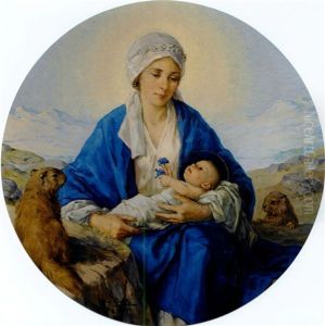 Mit Edelweis Bekranzte Madonna, Das Kind Mit Enzianbluten In Den Handen, Neben Murmeltieren Vor Bergkulisse Mit Edelweis Bekranzte Madonna, Das Kind Mit Enzianbluten In Den Handen, Neben Murmeltieren Vor Bergkulisse
