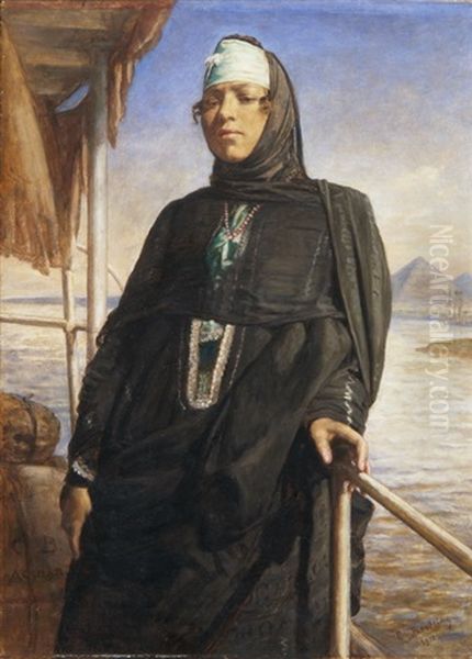 Beduinenfrau Auf Einem Nilboot Mit Ausblick Auf Eine Pyramide - view 1