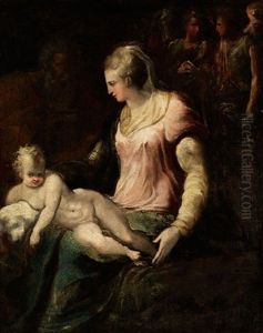 Die Heilige Familie Mit Zwei Engelsfiguren by Jacopo Bertoia