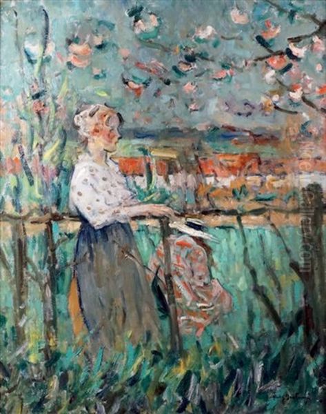 Jeune Fille En Bord De Riviere Sous Les Pommiers En Fleurs - view 1