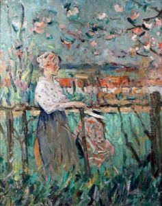 Jeune Fille En Bord De Riviere Sous Les Pommiers En Fleurs by Abel Bertram