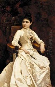 Portrait Of A Young Lady, Seated In A Chair In A White Silk Dress With A Rose Corsage by Pablo Maria Bertran Y Tintore