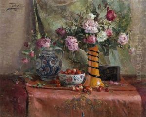Still Life With Roses In An Orange Vase by Eugene Bertrand