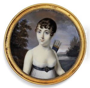 A Young Lady As Diana The Huntress In A Landscape, In Decollete White Dress With Blue Belt With Diamond-shaped Buckle
