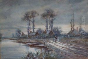 Winter Landscape Withcottages, Figures And A Punt In Foreground