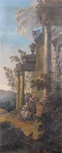A Capriccio Of Lovers Beside Roman Ruins In A Landscape (+ A Capriccio Of Classical Figures Beside Roman Ruins In A Landscape; Pair) by NIcola Bertuzzi