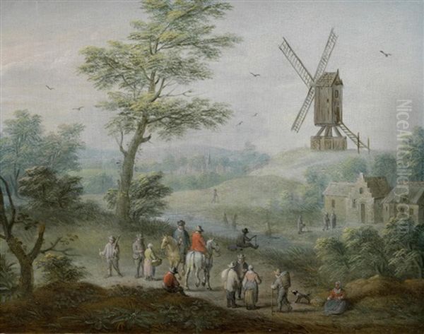 Travellers In A Landscape, A Windmill Beyond - view 1