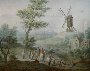 Travellers In A Landscape, A Windmill Beyond by Balthasar Beschey