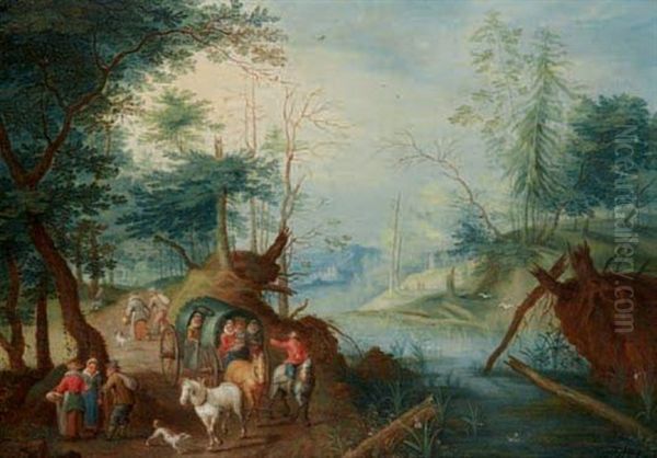 Charriot Et Promeneurs Le Long D'une Riviere - view 1