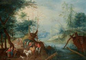 Charriot Et Promeneurs Le Long D'une Riviere