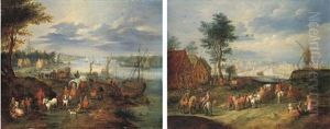 A River Landscape With Wagons And Townsfolk On A Path And Boats (+ An Extensive Landscape With A Windmill And Figures, A Canal Beyond; Pair) by Balthasar Beschey