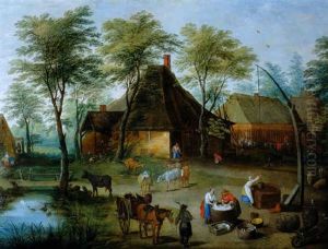 Flamische Landschaft Mit Einem Pferdegespann, Kuhen Und Bauern Bei Der Arbeit