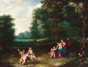 Das Goldene Zeitalter. Heilige Familie Mit Christus Und Johannes In Landschaft by Balthasar Beschey
