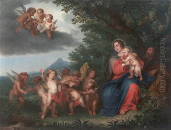 Die Ruhe Auf Der Flucht. Die Heilige Familie, Im Schatten Eines Baumes Sitzend, Betrachtet Den Engelreigen - view 1