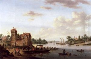Weite Fluslandschaft Mit Reisenden Auf Einem Fahrboot by Balthasar Beschey