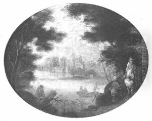 Villageois Et Cavalier Sur Un Chemin Forestier Longeant Une Riviere Pres D'une Ville by Balthasar Beschey