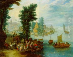 Fishing Boats On An Estuary By A Village With A Church