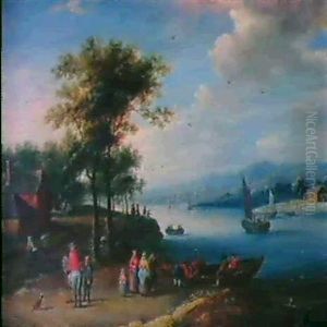Bewaldete Flusslandschaft Mit Reisenden Und Booten.