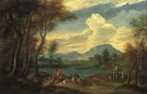 Bewaldete Flusslandschaft Mit Rastenden Jagern by Balthasar Beschey