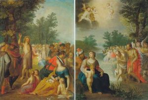 Saint John The Baptist Preaching In The Wilderness & The Baptism Of Christ by Balthasar Beschey