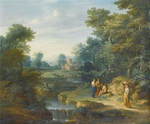 An Arcadian Landscape With Figures Resting Beside A Waterfall by Jacob Andries Beschey