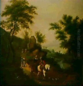 Reisende In Einer Flusslandschaft by Jan Frans Beschey