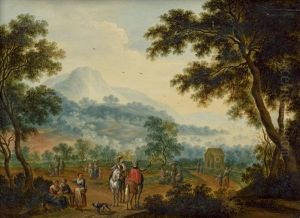 Weite Hugellandschaft Mit Reitern Und Landvolk by Karel Beschey
