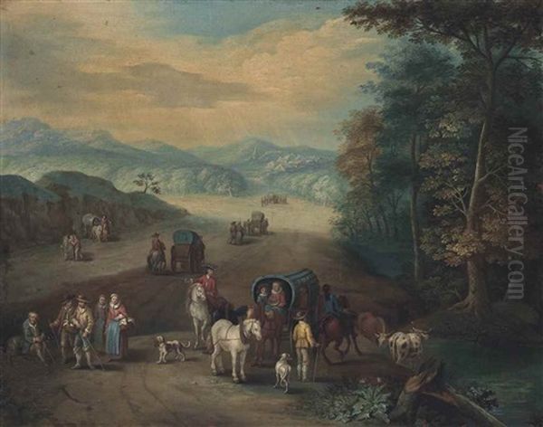 An Extensive Wooded Landscape With Travellers, Drovers And Caravans On A Path - view 1