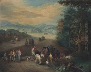 An Extensive Wooded Landscape With Travellers, Drovers And Caravans On A Path by Karel Beschey