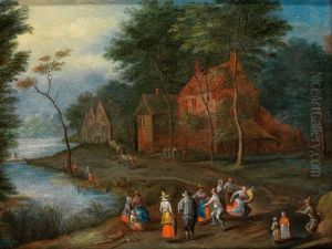 Bauerntanz In Landschaft Mit Gehoften Unter Baumen