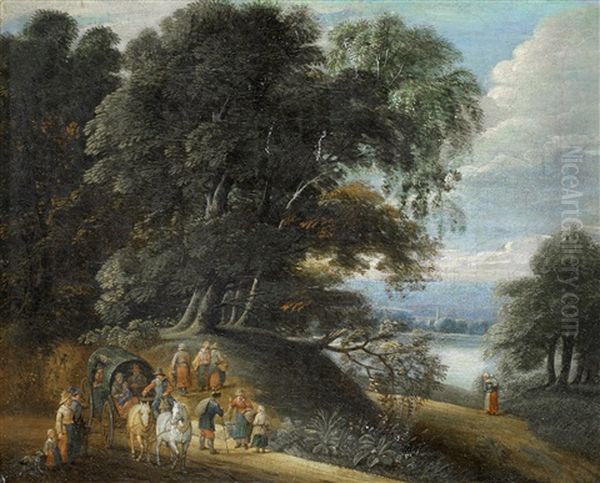 Travellers On A Country Path, A River Landscape Beyond - view 1