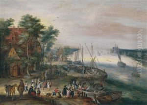 Flusslandschaft Mit Reicher Personenstaffage Am Linken Ufer Flusslandschaft Mit Reicher Personenstaffage Am Linken Ufer
