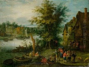 Peasants Crossing A River On Barges, Before An Open Landscape