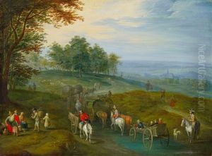 Weite Landschaft Mit Reisenden Beim Durchqueren Einer Furt (+ Hugelige Landschaft Mit Dorfstrasse Und Reisenden; 2 Works) by Karel Beschey