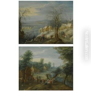 A Winter Landscape With Hunters And Skaters On A Frozen River Running Through A Village (+ A Summer Landscape With Villagers Resting By A Stream; Pair) by Karel Beschey