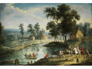 Figurenreiche Landschaft Mit Kleinem Flusslauf Und Seitlich Unter Baumen Stehenden Hausern by Karel Beschey