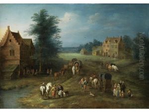 Landschaft Mit Gebauden, Markt, Karren Und Figurenstaffage