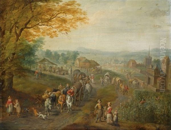 A Landscape With Travellers With Horse-drawn Wagons On A Path, A View Of A Town Beyond - view 1