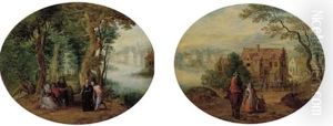 Elegant Company On A Path In A Wooded River Landscape (+ A Horseman Passing By A Woman And Child On A Path, A Village Beyond; Pair) by Karel Beschey