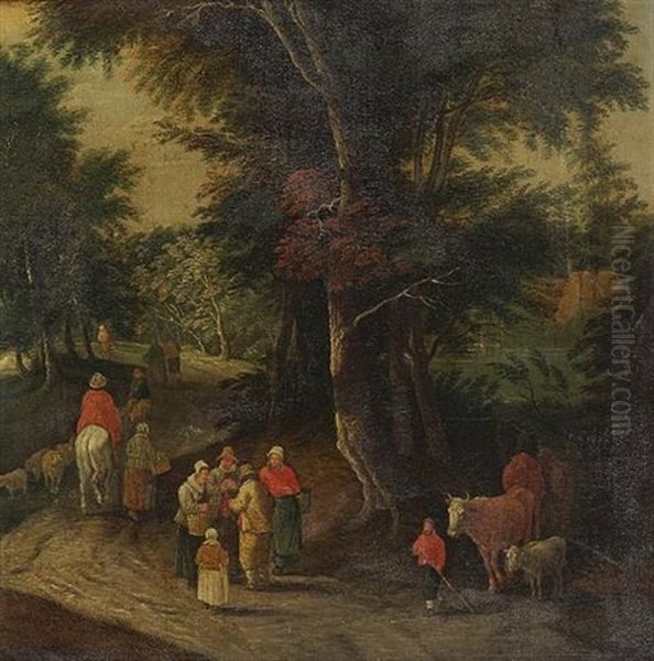 A Wooded Landscape With Figures, Cattle And Sheep On A Hillside Path - view 1