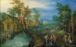 Landschaft Mit Bauernhausern An Einem Fluss by Karel Beschey