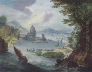 Weite Bewaldete Flusslandschaft Mit Schiffen Und Figuren