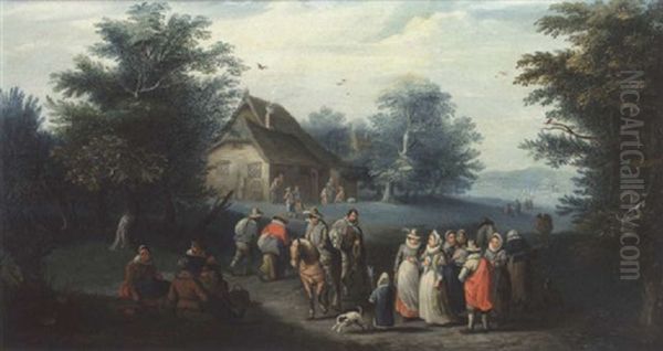 Elegant Company Conversing On A Wooded Country Road With Travellers On Horseback, A Cottage Beyond - view 1