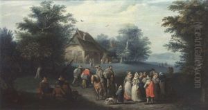 Elegant Company Conversing On A Wooded Country Road With Travellers On Horseback, A Cottage Beyond by Karel Beschey