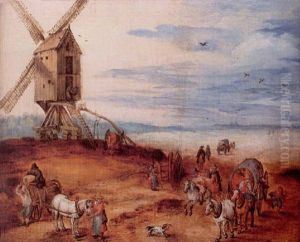 Blanande Landskap Med Vaderkvarn, Ryttare, Hastforor Samt En Liten Hund by Karel Beschey