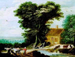 Bewaldete Fluslandschaft Mit Einem Bauernhaus Und Hirtin Mit Herde