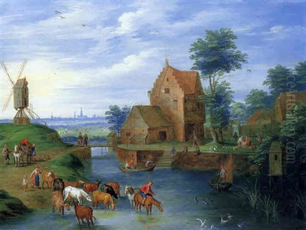 Bergers Et Leurs Troupeaux Traversant La Riviere - view 1