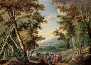 A Bosky Landscape With A Fruit Seller And Other Figures On A Track by Karel Beschey